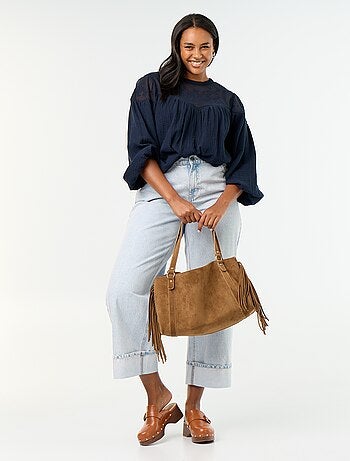 Blusa lisa de gasa de algodón y encaje