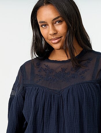 Blusa lisa de gasa de algodón y encaje