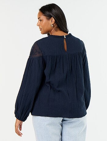 Blusa lisa de gasa de algodón y encaje
