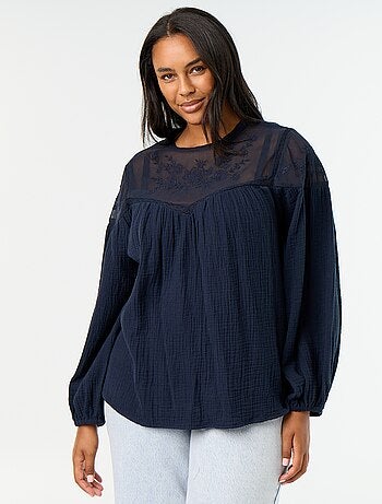 Blusa lisa de gasa de algodón y encaje