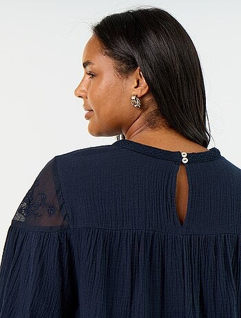 Blusa lisa de gasa de algodón y encaje