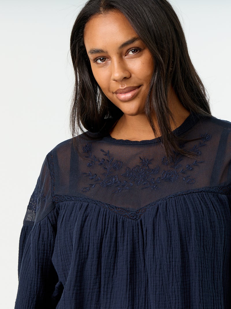 Blusa lisa de gasa de algodón y encaje Azul - Kiabi