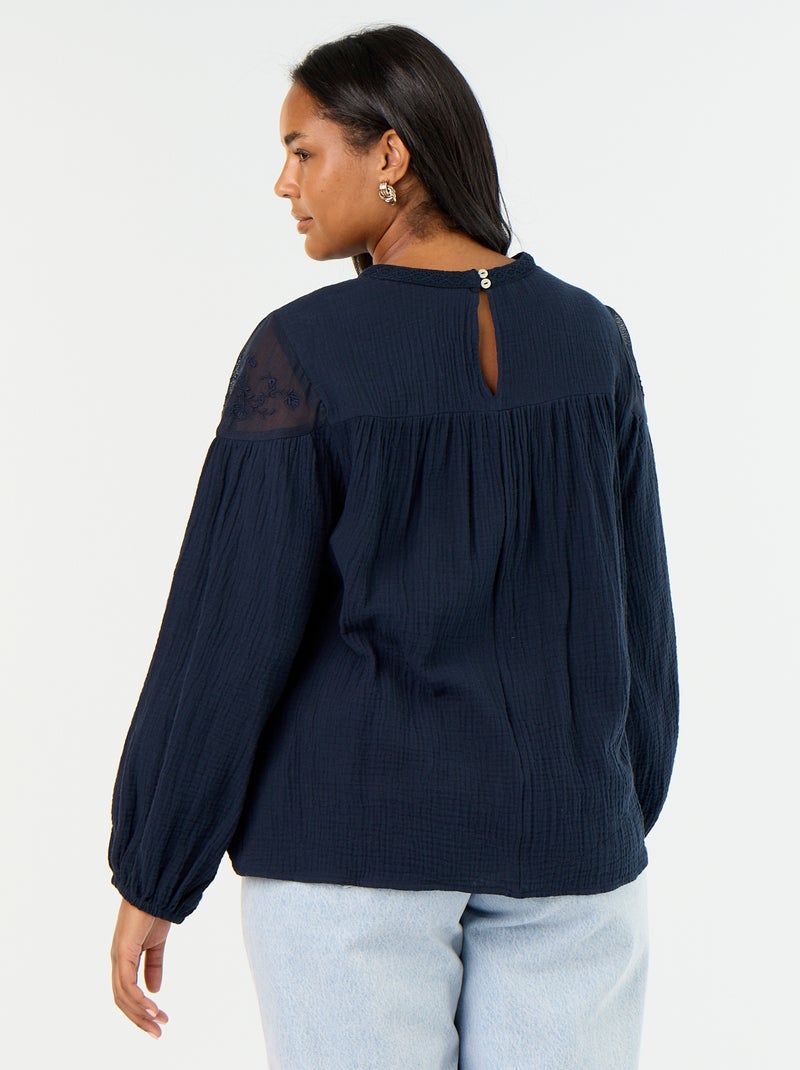 Blusa lisa de gasa de algodón y encaje Azul - Kiabi