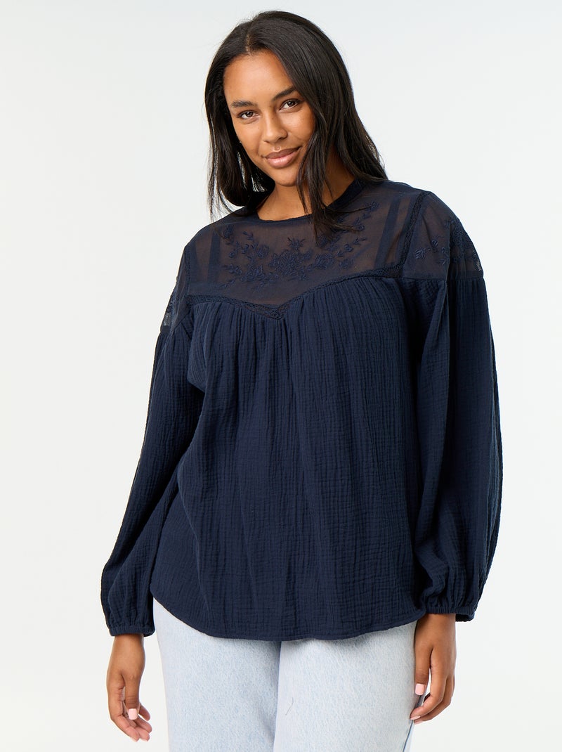 Blusa lisa de gasa de algodón y encaje Azul - Kiabi