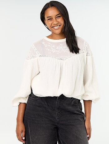 Blusa lisa de gasa de algodón y encaje