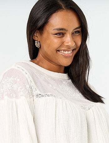 Blusa lisa de gasa de algodón y encaje