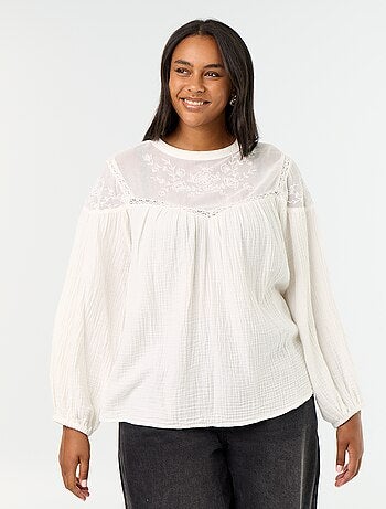 Blusa lisa de gasa de algodón y encaje