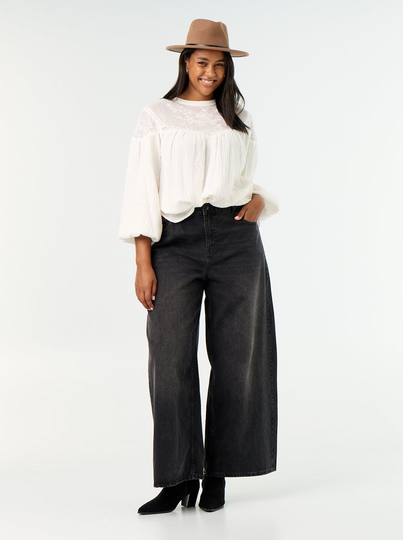 Blusa lisa de gasa de algodón y encaje Blanco - Kiabi