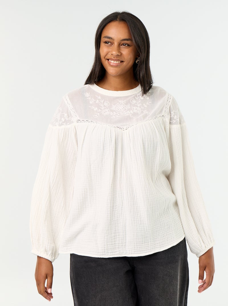 Blusa lisa de gasa de algodón y encaje Blanco - Kiabi