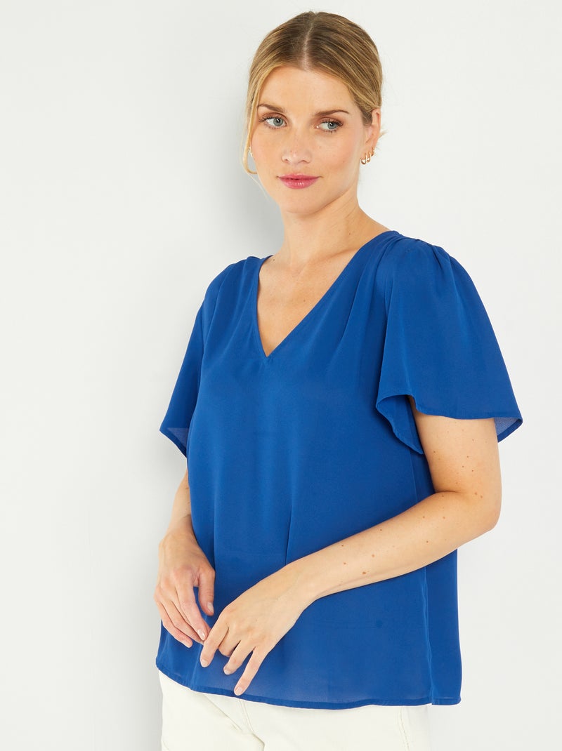 Blusa lisa de manga corta azul - Kiabi