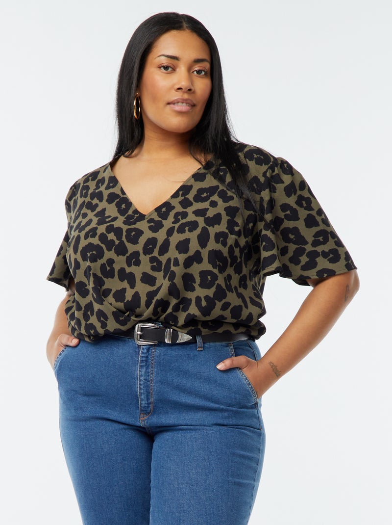 Blusa lisa de manga corta Kaki - Kiabi