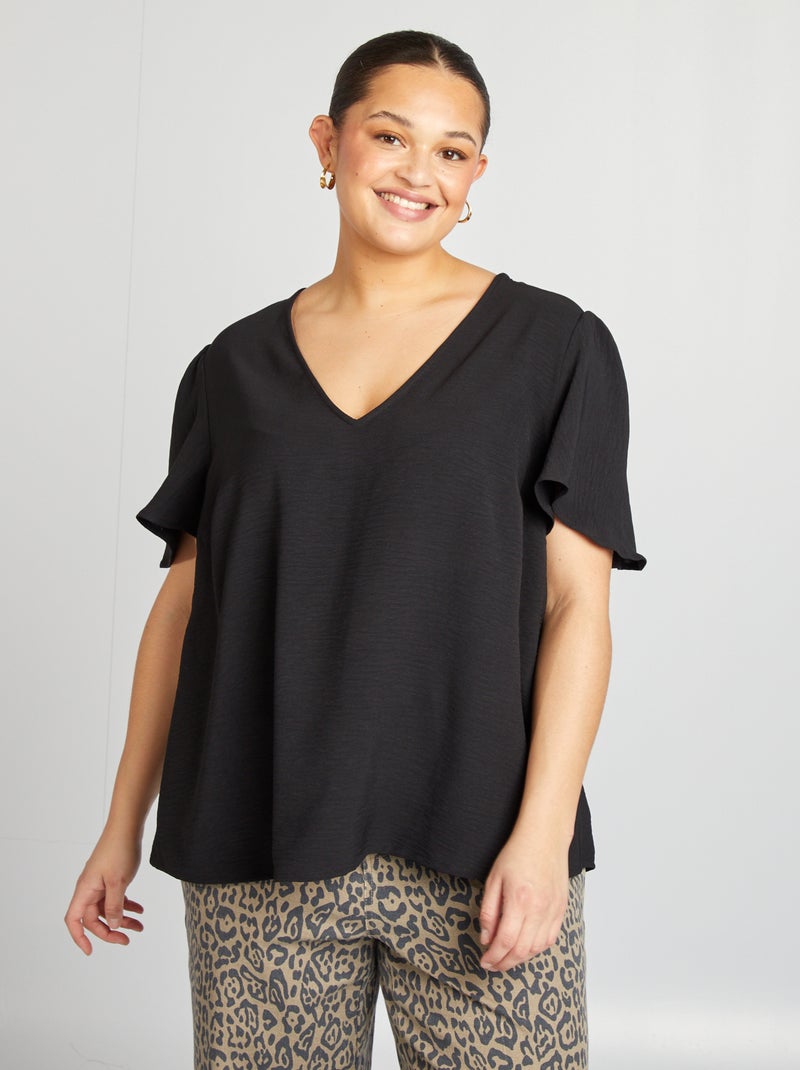 Blusa lisa de manga corta negro - Kiabi
