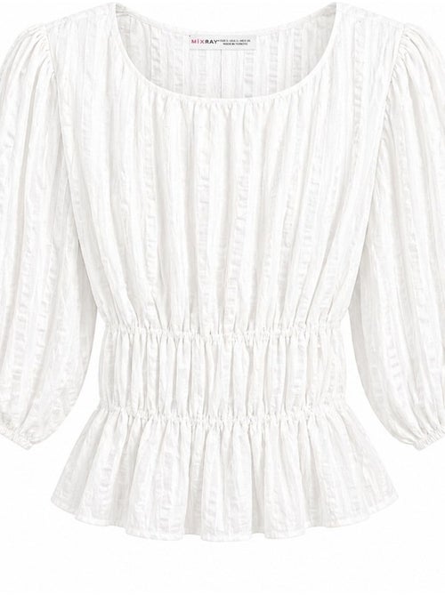 Blusa peplum texturizada con escote en u y mangas tres cuartos mixray - Kiabi Blusa peplum texturizada con escote en u y mangas tres cuartos mixray - Kiabi