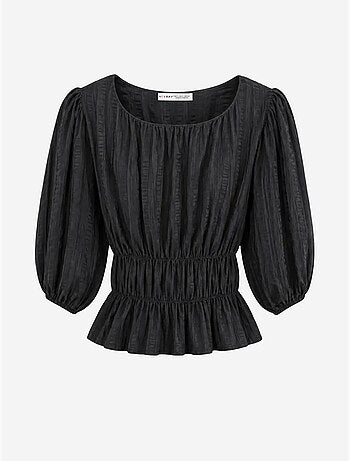 Blusa peplum texturizada con escote en u y mangas tres cuartos mixray