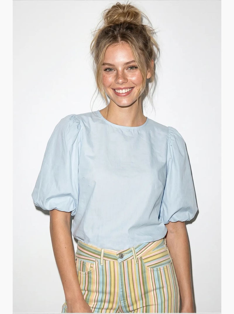 Blusa popelina de algodón con lazada delantera lucci Azul cielo - Kiabi