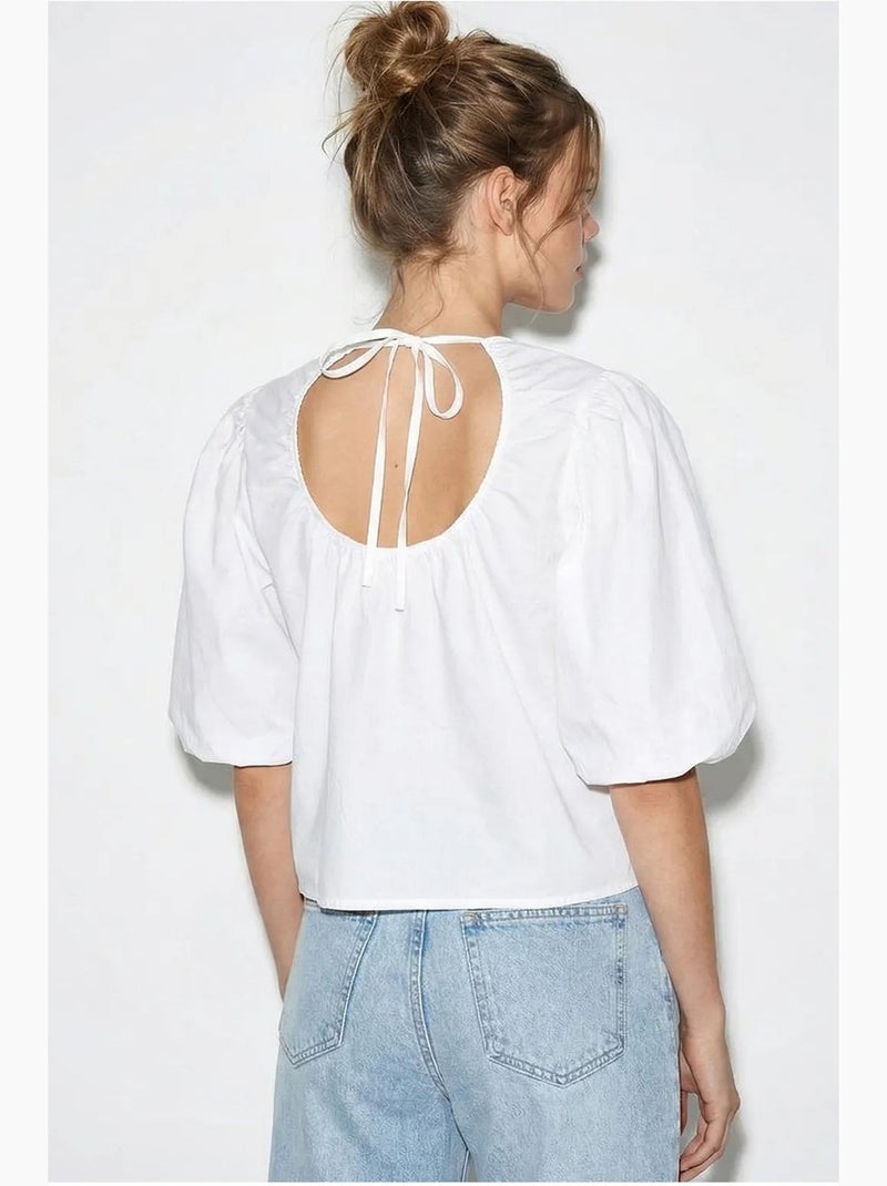 Blusa popelina de algodón con lazada delantera lucci Blanco - Kiabi