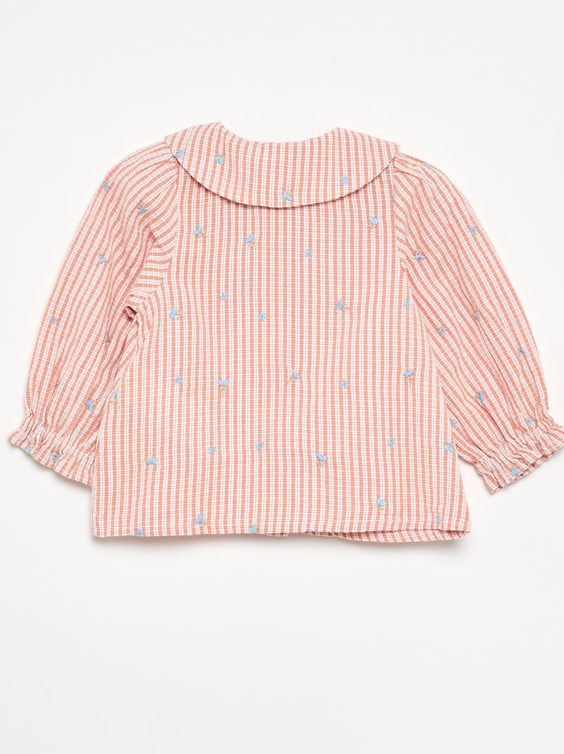 Blusa rayada de manga larga con bordados de flores Rosa - Kiabi