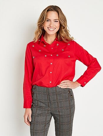 Blusa recta abotonada de algodón liso enjoyado - Afibel