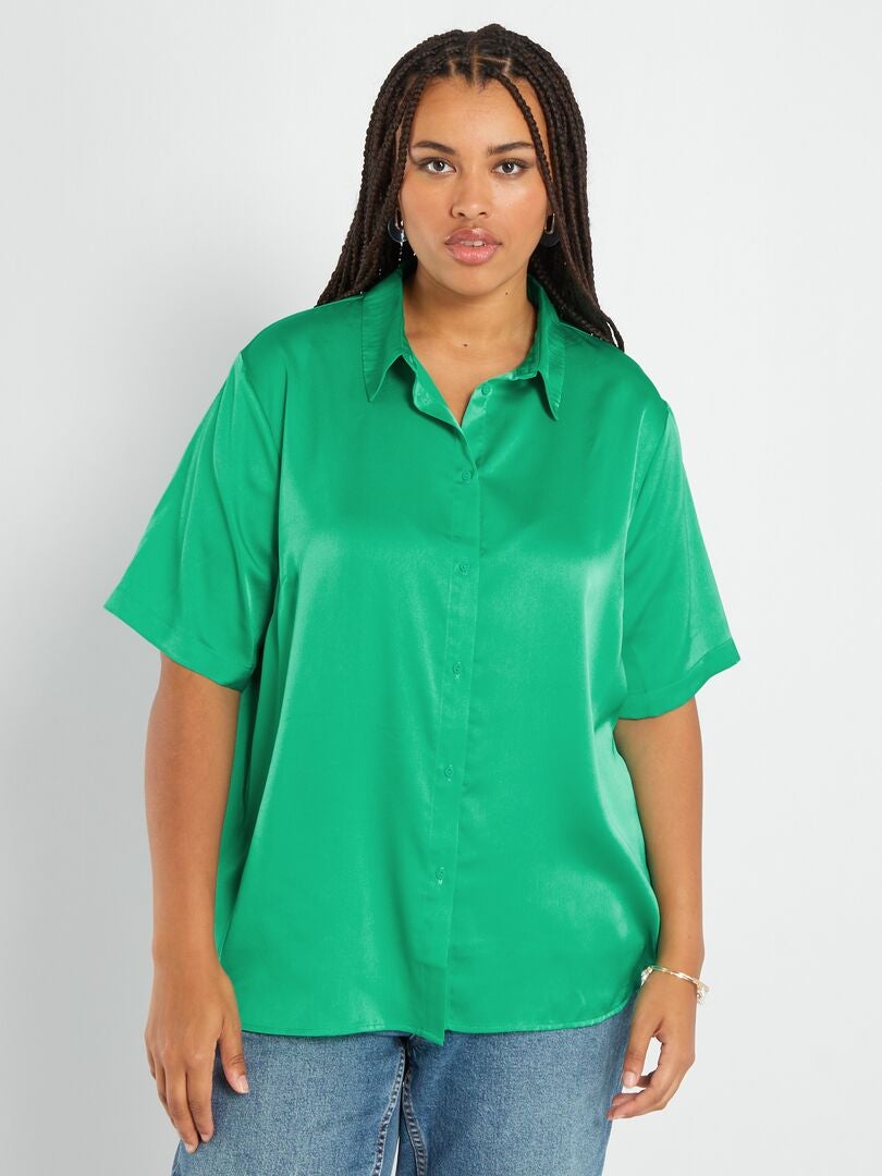 Blusa satinada con cuello italiano Verde - Kiabi