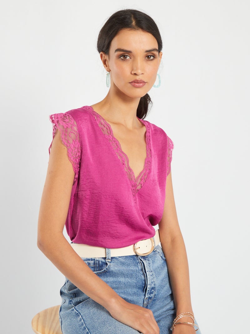 Blusa satinada con encaje Rosa - Kiabi