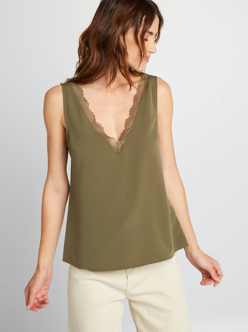 Blusa sin mangas con cuello de encaje KAKI - Kiabi