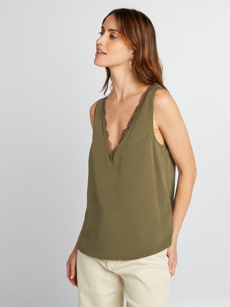 Blusa sin mangas con cuello de encaje KAKI - Kiabi