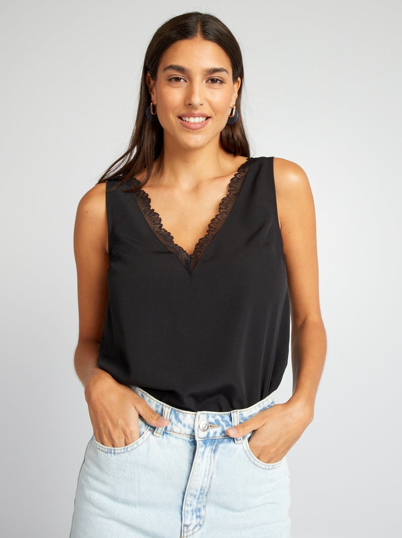 Blusa sin mangas con cuello de encaje negro - Kiabi