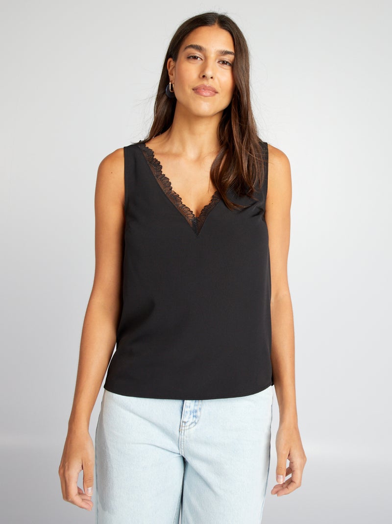 Blusa sin mangas con cuello de encaje negro - Kiabi