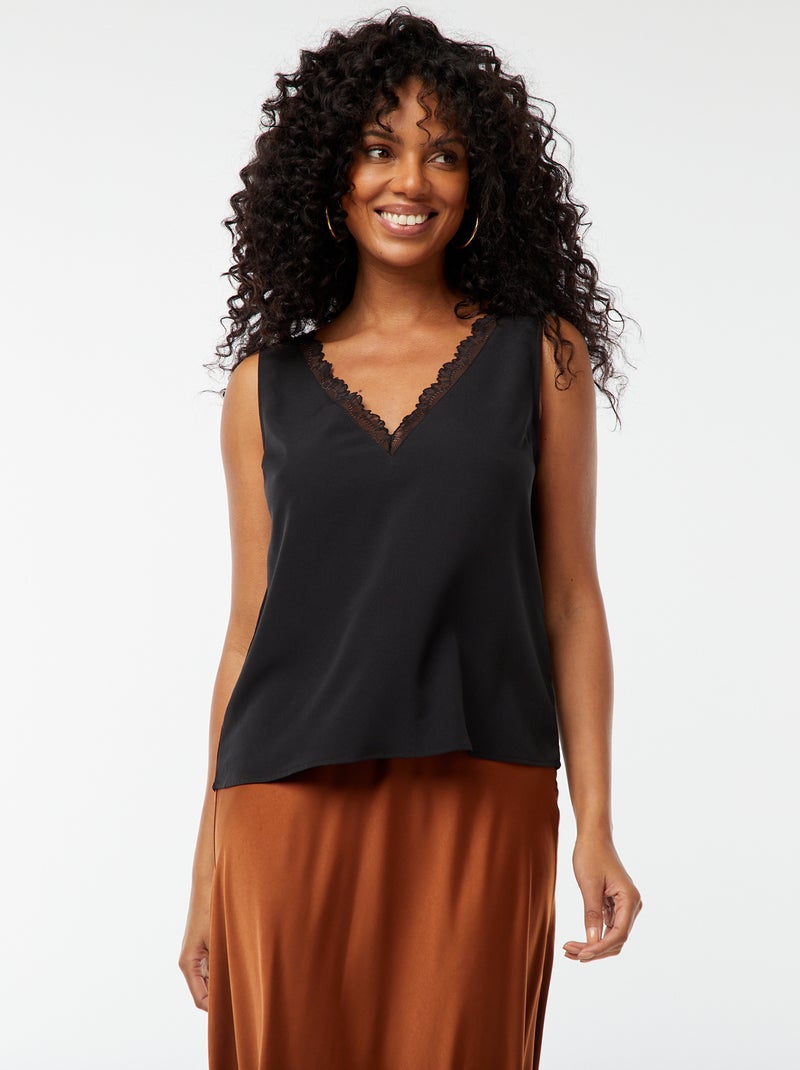 Blusa sin mangas con cuello de encaje negro - Kiabi