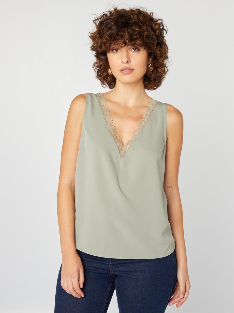 Blusa sin mangas con cuello de encaje VERDE - Kiabi