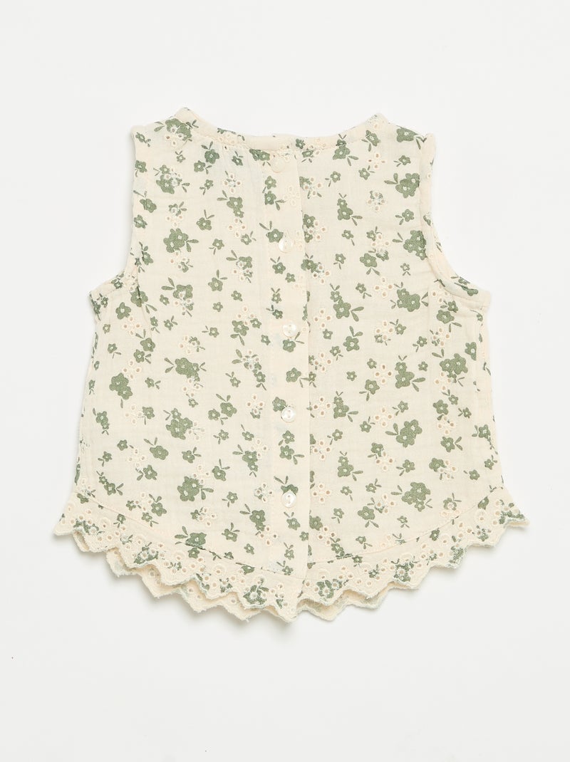 Blusa sin mangas de gasa de algodón con bordados ingleses Beige - Kiabi