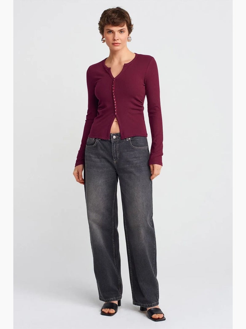 Blusa slim fit acanalada con cierre de botones delantero dilvin Rojo burdeos - Kiabi