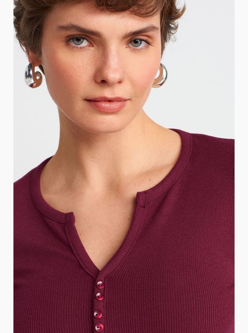 Blusa slim fit acanalada con cierre de botones delantero dilvin Rojo burdeos - Kiabi