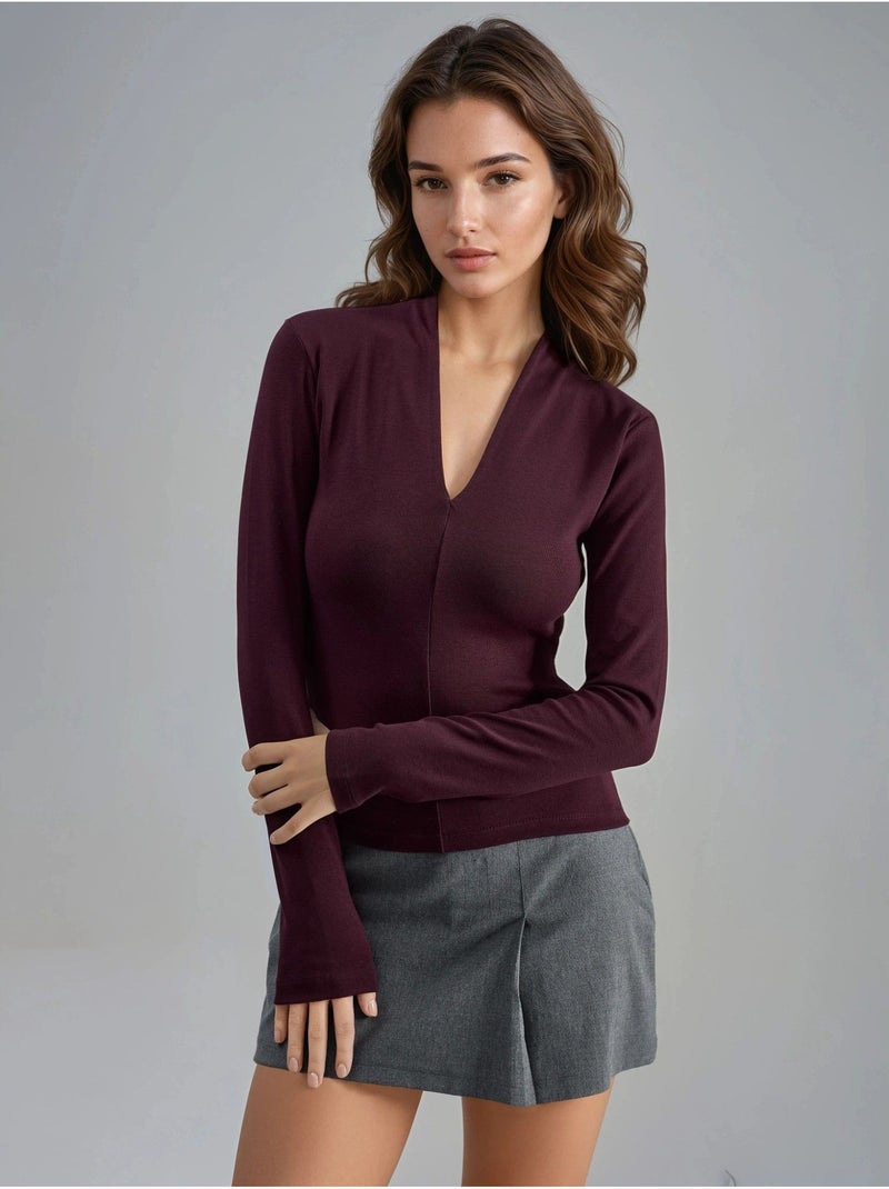 Blusa slim fit de manga larga con cuello en v busem Malva - Kiabi