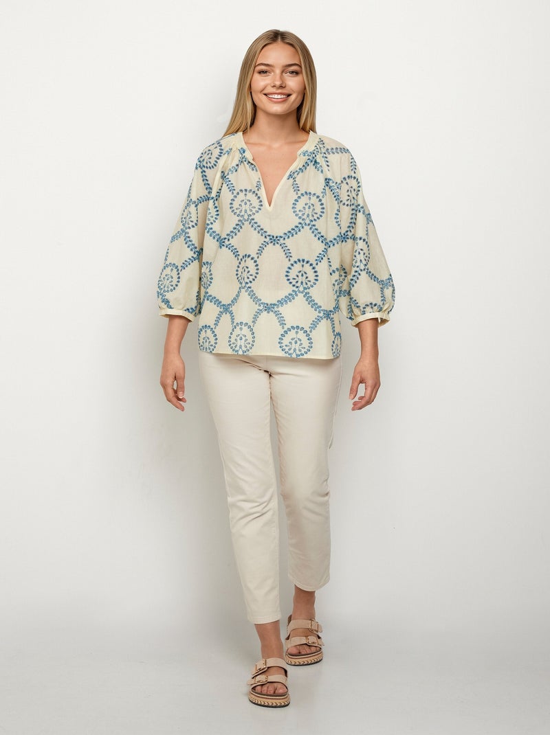 Blusa suelta con bordado calado y mangas 3/4 - AFIBEL Crudo - Kiabi