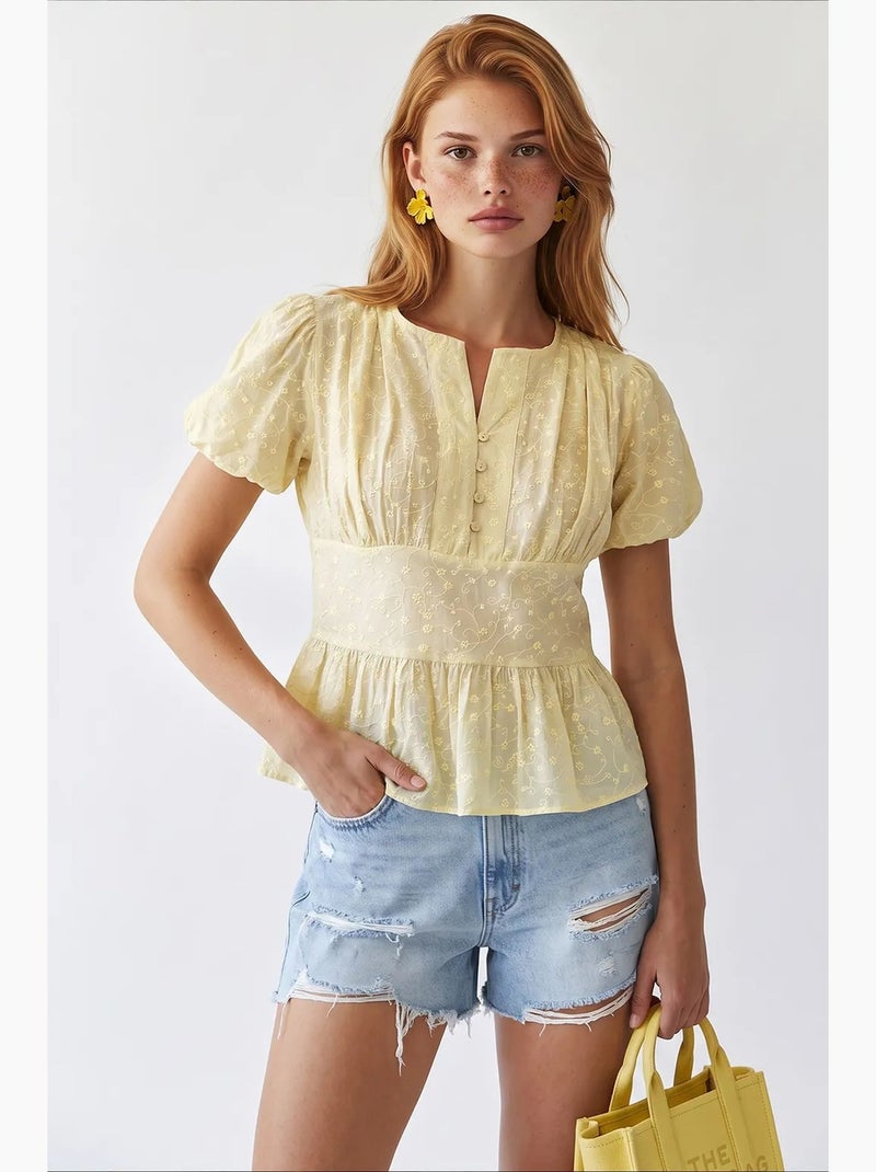 Blusa tejida con cuello en v bordada mixray Amarillo limón - Kiabi