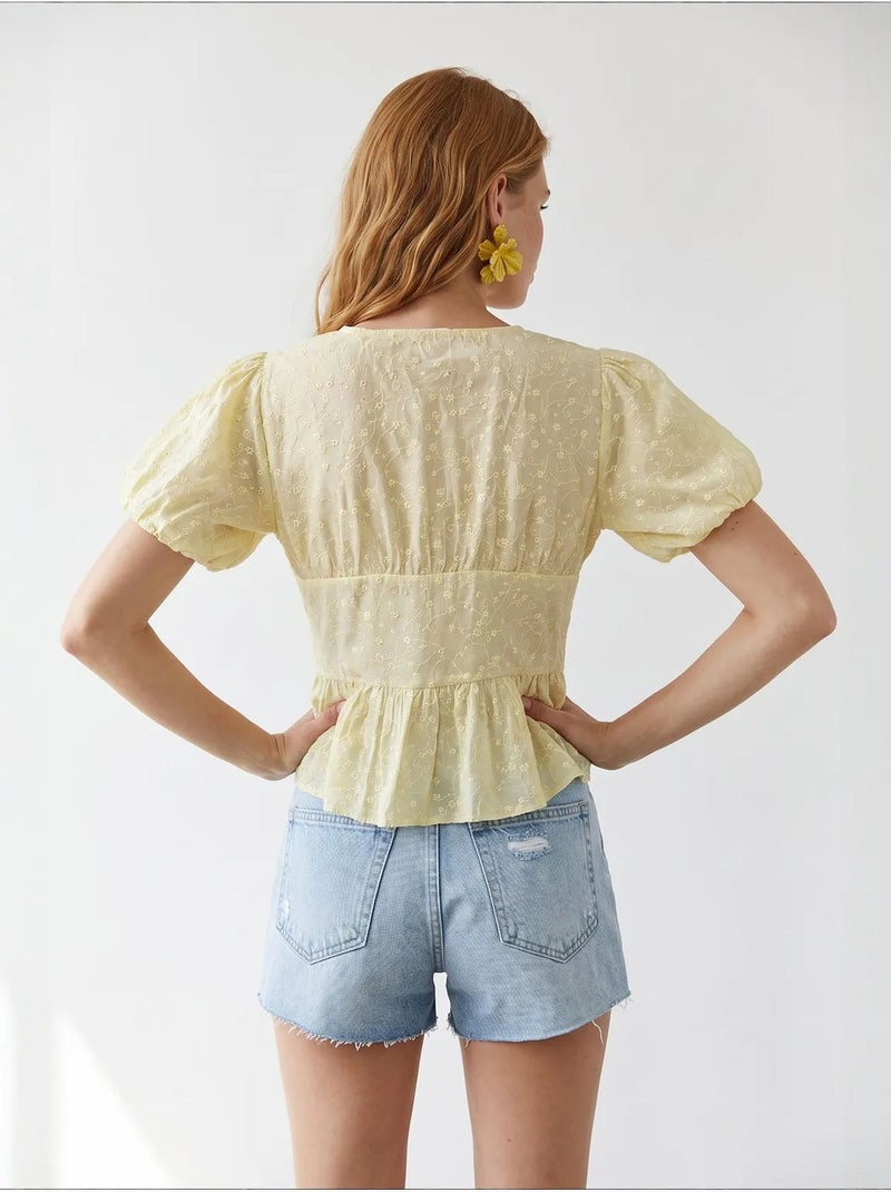 Blusa tejida con cuello en v bordada mixray Amarillo limón - Kiabi