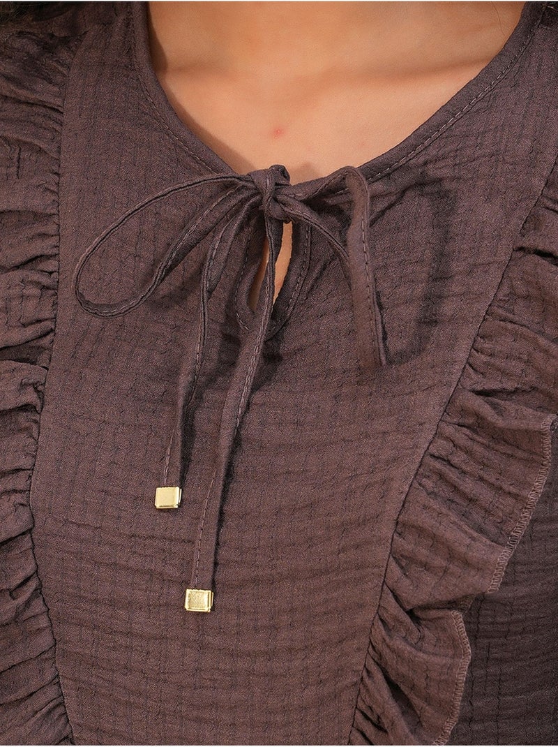 Blusa tejida con volantes y cierre de lazada bdart Marrón chocolate - Kiabi
