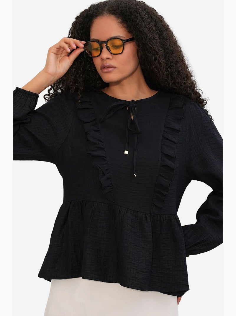 Blusa tejida con volantes y cierre de lazada bdart Negro - Kiabi