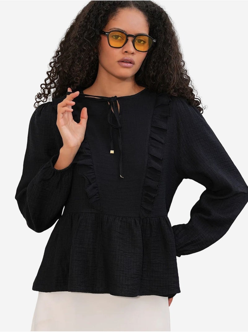 Blusa tejida con volantes y cierre de lazada bdart Negro - Kiabi