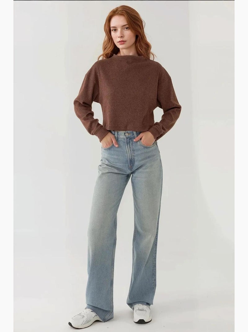 Blusa texturizada con cuello barco hiccup Marrón claro - Kiabi