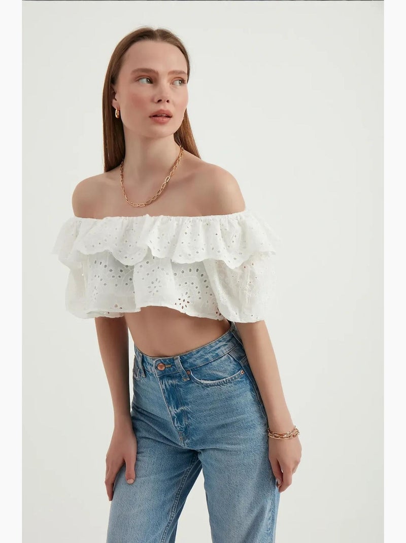 Blusa texturizada con hombros descubiertos, volantes y mangas globo hiccup Blanco - Kiabi