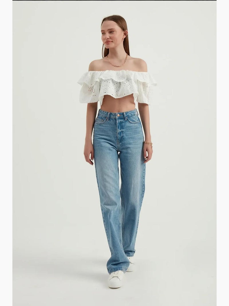 Blusa texturizada con hombros descubiertos, volantes y mangas globo hiccup Blanco - Kiabi