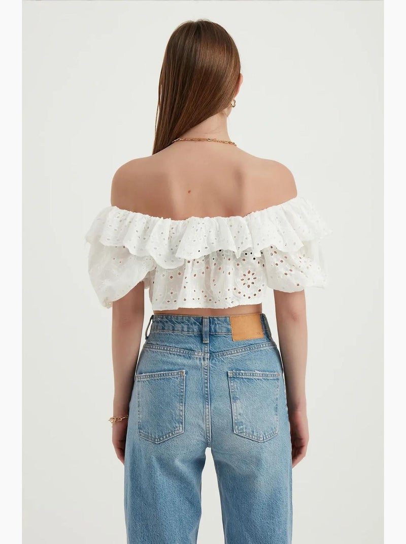 Blusa texturizada con hombros descubiertos, volantes y mangas globo hiccup Blanco - Kiabi