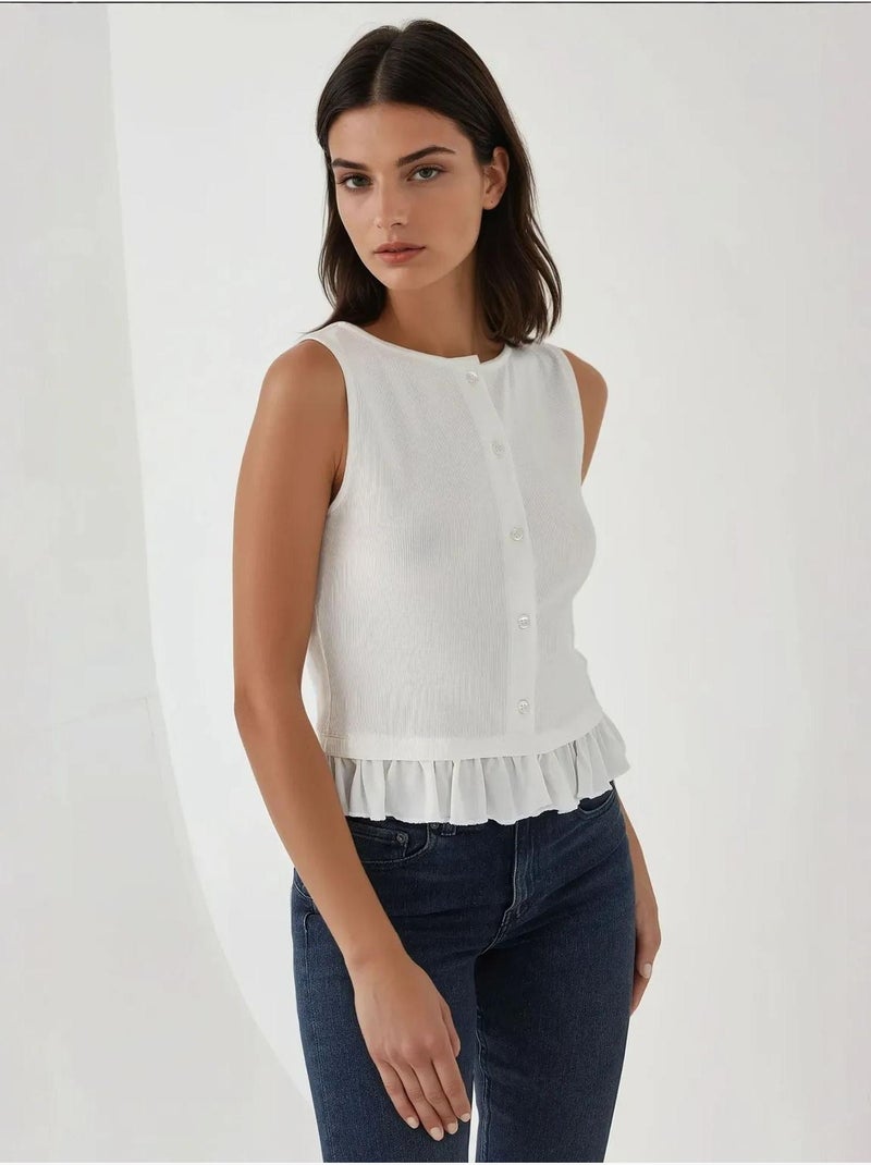 Blusa texturizada de cuello redondo con detalle de volante Blanco - Kiabi