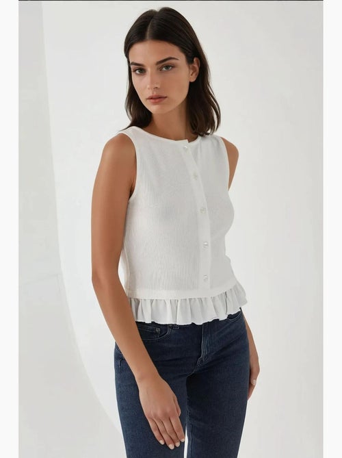 Blusa texturizada de cuello redondo con detalle de volante hiccup - Kiabi Blusa texturizada de cuello redondo con detalle de volante hiccup - Kiabi
