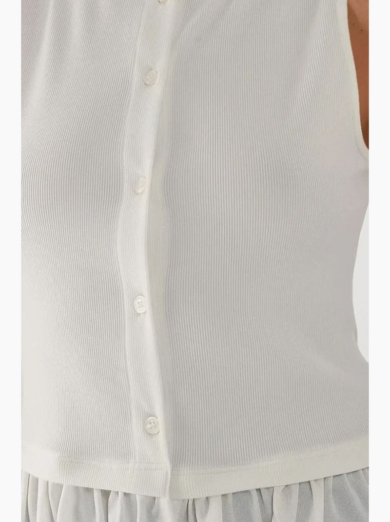 Blusa texturizada de cuello redondo con detalle de volante hiccup Blanco - Kiabi