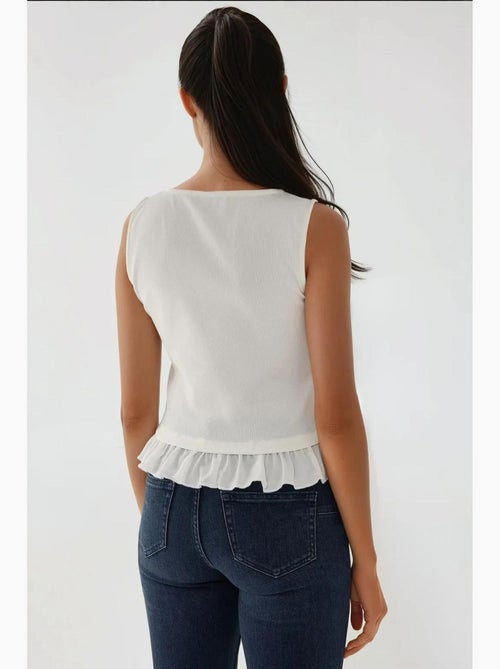 Blusa texturizada de cuello redondo con detalle de volante hiccup - Kiabi Blusa texturizada de cuello redondo con detalle de volante hiccup - Kiabi