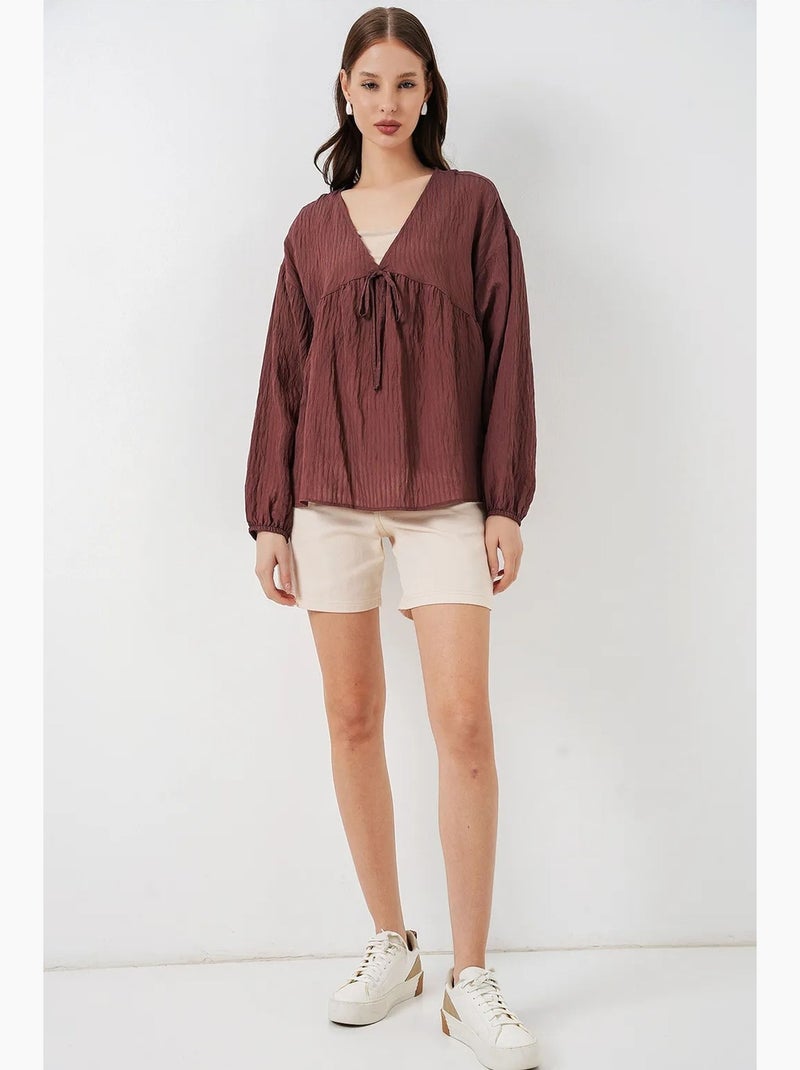 Blusa texturizada seersucker escote en v con lazo bdart Marrón chocolate - Kiabi