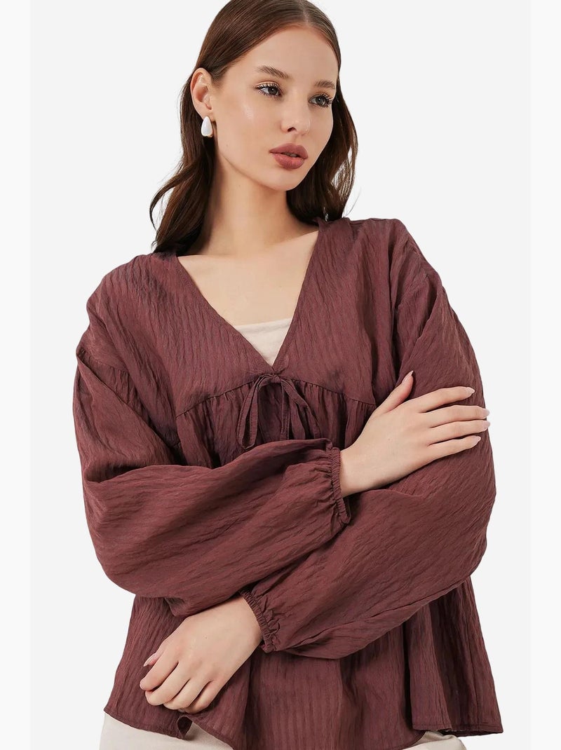 Blusa texturizada seersucker escote en v con lazo bdart Marrón chocolate - Kiabi